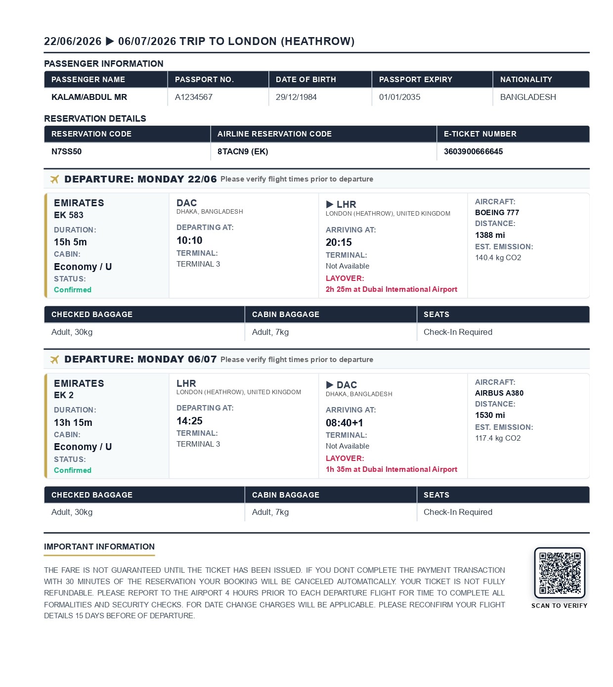 Emirates Dummy Ticket Preview